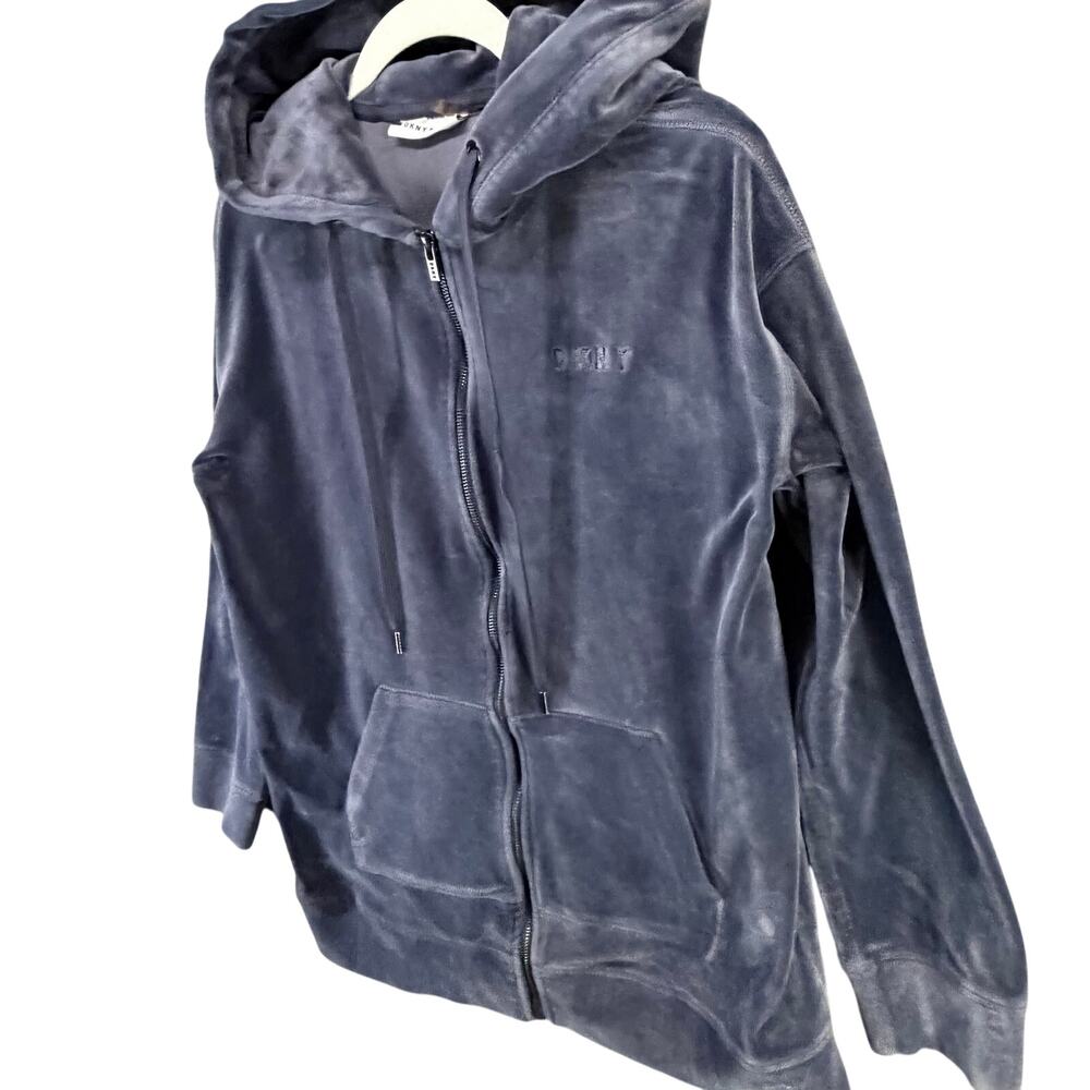 DKNY Sport Velour Hoodie Jacket Womens M Blue Velvet Full‎ Zip Logo Sporty Cozy - Picture 3 of 14